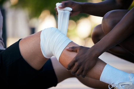 Bandage on legs, injury and pain, sports emergency or accident outdoor with knee sprain, first aid for medical and healthcare. Muscle, joint and wound from exercise, medic and diversity, help injuredの写真素材