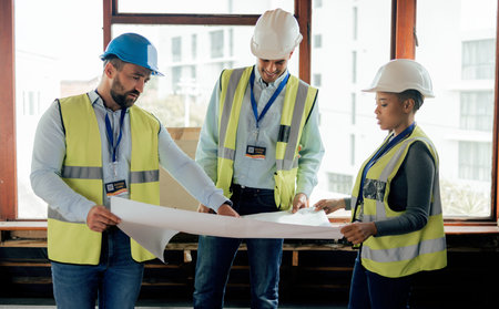 Blueprint, planning and construction worker, architect and engineer with paper, strategy and...