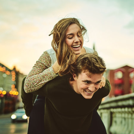 We always have fun together. a young couple out on a date in the city.の写真素材