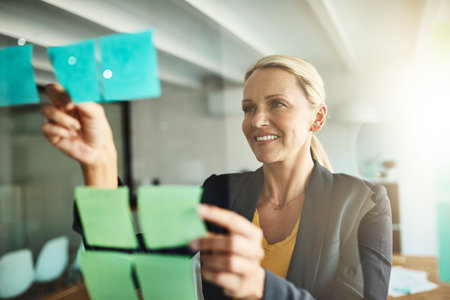 Its all coming together. a mature corporate businesswoman planning on a glass wipe board.の写真素材