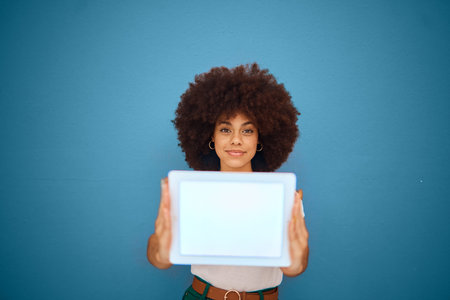 Mockup screen, digital tablet and portrait of black woman with interactive ui touchscreen, glow...