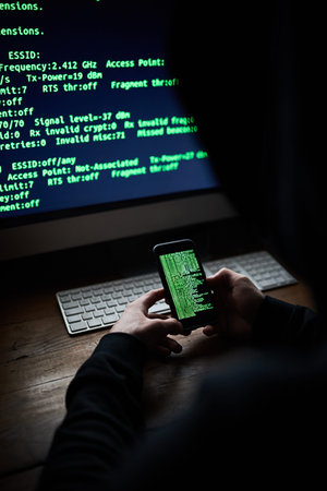 Hes a smooth cyber criminal. High angle shot of an unidentifiable hacker using a computer late at...