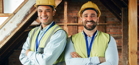 Building, collaboration and portrait of construction workers with success, happiness and teamwork. Engineering, leadership and businessmen in architect industry working together on construction siteの写真素材