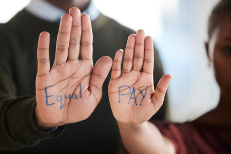 Equal pay, gender bias and salary inequality protest in workplace of corporate employees, professional colleagues and job. Pay gap, sexism and unfair financial compensation or payment for woman staffの写真素材