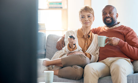 Couple, bonding or television control on sofa for home movie, house show or living room multimedia...