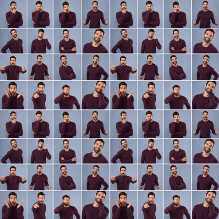 All the emotions at the same time. Composite shot of a young man expressing different types of...