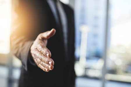 Glad to have you onboard with us. an unrecognisable businessman extending a handshake in an office.の写真素材