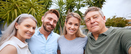 Selfie and portrait of family in a garden with love, hug and peace together. Happy, smile and relax...