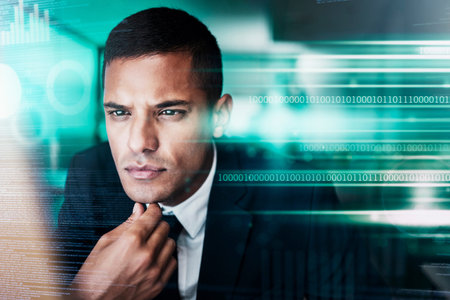 Thinking, computer coding and cyber businessman programming big data, stock market finance and...