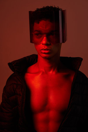 Cool, cyberpunk and man with glasses for futuristic style, fashion and creative digital design in a...