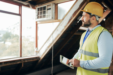 Thinking construction worker, man and tablet for real estate ideas, property innovation or architecture vision. Building engineering, worker or contractor on technology for house project managementの写真素材