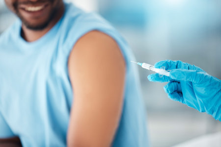 Doctor hands, covid and vaccine for black man, hospital patient or person for global virus safety,...