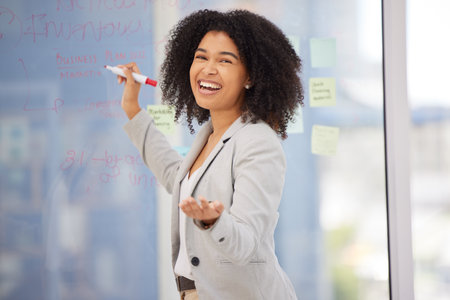 Black woman, leader and smile for coaching with sticky notes in meeting, question or workshop training at the office. Portrait of happy African American female business manager in post it planningの写真素材