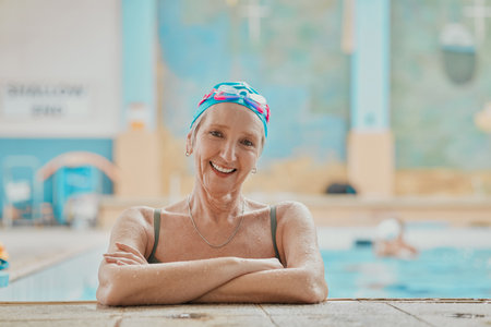 Swimming pool, fun and portrait of a senior woman doing water aerobics for exercise or workout. Happy, smile and elderly lady in retirement doing aquatic training lesson for skill, health or wellnessの写真素材