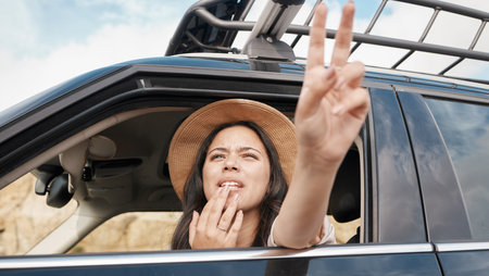 Travel, car and woman with peace hand sign, adventure and transportation for fun vacation and road...