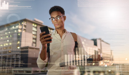 Hologram, man and futuristic phone communication with travel technology, trendy and edgy outdoor. Digital connection, future innovation and male with online research, connect and smartphone in city.の写真素材