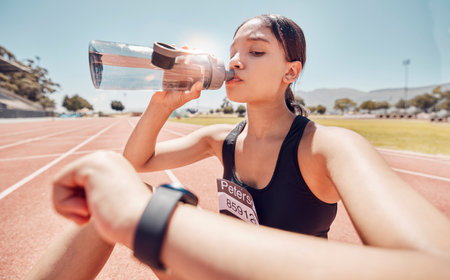 Woman, drinking water or checking smart watch on running track workout, training or exercise break. Runner, sports athlete or fitness person with smartwatch health or time tracker for health or speedの写真素材