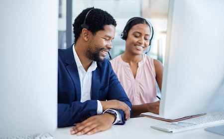 Teamwork, call center and customer service with a business team working together in a telemarketing...