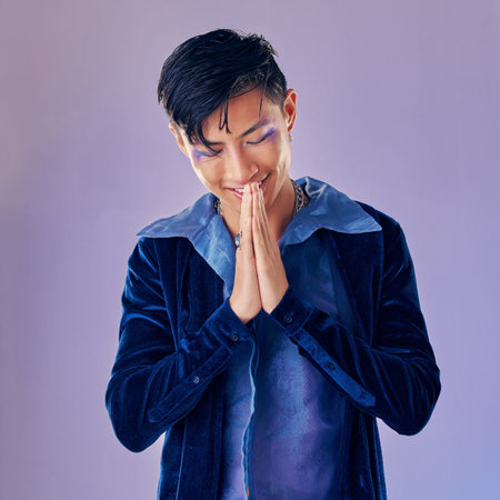 Man, fashion makeup or punk rock hands in thank you, welcome or Japanese greeting on creative purple...