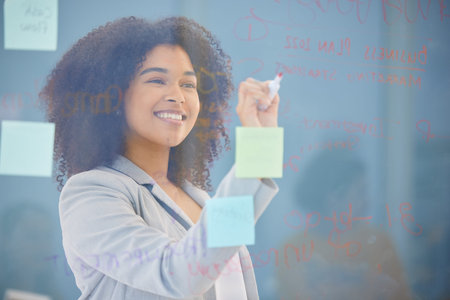Creative worker, sticky note or business woman planning, writing on glass wall or working on company...