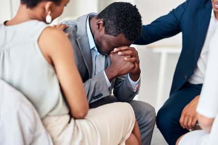 Black businessman, stress or office support circle in mental health, company burnout or diversity corporate anxiety. Men, women or teamwork collaboration in group therapy, trust or psychology meetingの写真素材