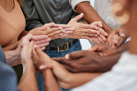 Community, partnership and support from hands of business people for teamwork, collaboration and...