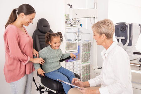 Consulting, mother and child with an eye doctor for healthy eyes, vision and retina wellness optical...