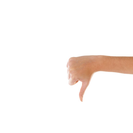That was bad. a hand showing thumbs down isolated on white.