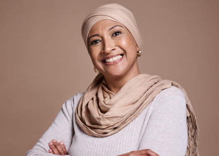 Hijab, woman and smile portrait of an islamic model with beauty, skincare and skin wellness. Happy,...