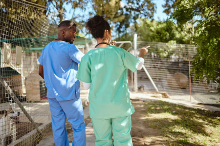 Veterinary, volunteer and medical team together outdoor for planning, strategy and discussion about schedule and healthcare at animal shelter. Veterinarian man and woman doctor talking animals at vetの写真素材