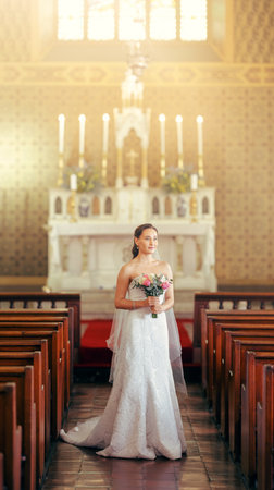 Wedding, bride and in white dress in church for celebration, happiness and confident in temple, for marriage and joy. Young female, bouquet and married being calm, content and happy for relationship.の写真素材
