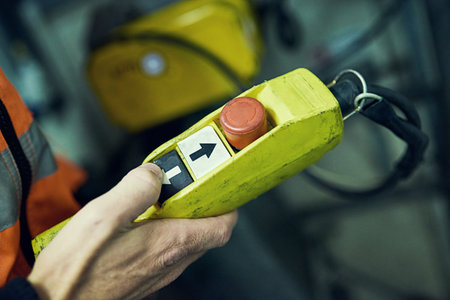 The ominous red button. an unidentifiable engineer holding a control switch in his hand.