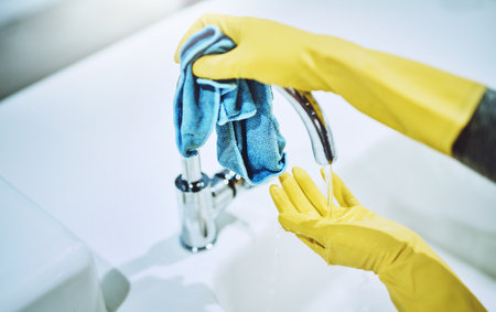 They dont teach you how to be clean at school. a unrecognizable person with yellow gloves using a water tap in a kitchen.の写真素材