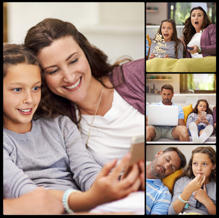 Enjoying a family day at home. Composite image of a family relaxing at home.