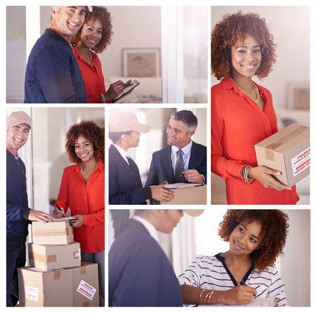 Door to door delivery. Composite image of an attractive young woman getting a delivery.