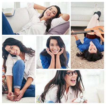 Take a load off. Composite image of an attractive young woman relaxing at home.