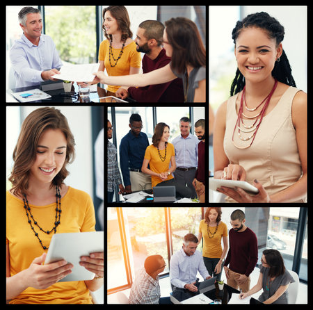 Putting in the work. Composite image of businesspeople in the office.