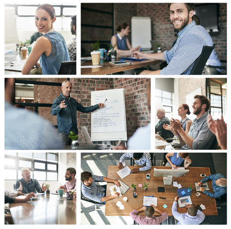 Sitting in the boardroom. Composite image of businesspeople in the office.の写真素材
