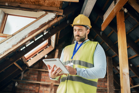 Tablet, construction and building with a man engineer working online on a building site from below....