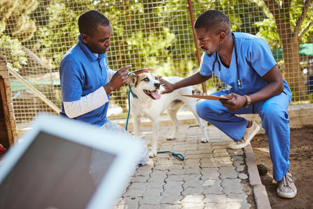 Outdoor animal shelter, dog and vet with clipboard in hand doing check up, examination and analysis....