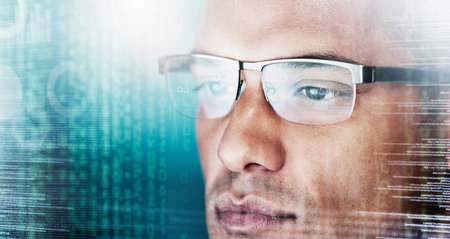 Analytics, overlay and 3d digital while businessman online for fintech using ux and ui for financial investing. Accountant, futuristic tech and economy with business for finance forecast and reportの写真素材