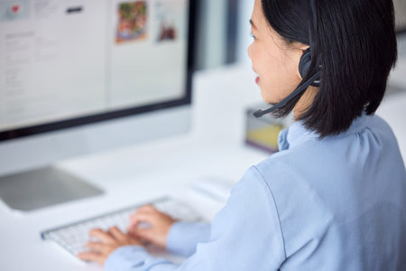 Call center, crm with contact us and woman at desk with headphone and microphone, computer and phone...