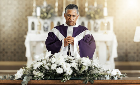 Funeral, prayer and pastor in a church for worship, farewell and praying over a coffin. Pray, death...