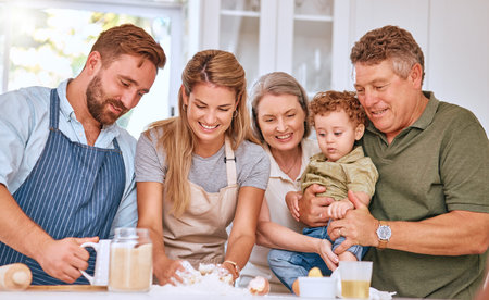 Grandparents, parents and kid baking, happy and being loving together in kitchen. Family, cooking...
