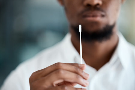 Doctor, hands and covid test swab for appointment, examination or results for healthcare at the...
