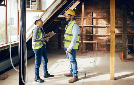 Architect, construction and teamwork for home renovation and home improvement building project....