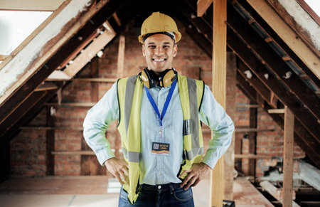 Construction, engineer and happy employee, smile and leadership on construction site or building...
