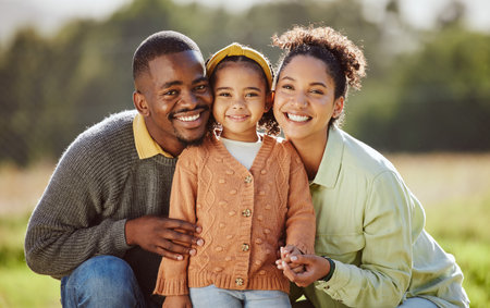 Black family, child and bonding in nature park, sustainability garden environment and countryside...