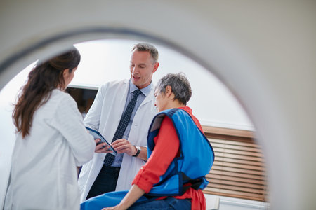 A mature woman talking with doctors before and MRI scan.