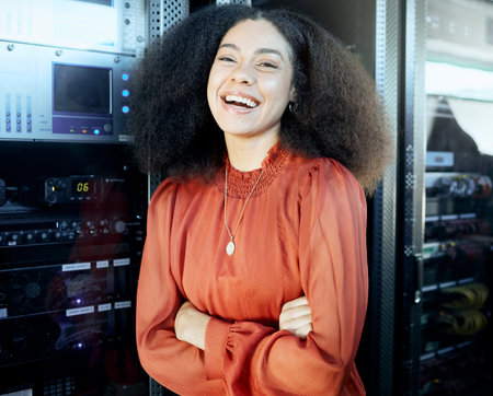 Black woman, happy and portrait of server engineer in workspace for maintenance, cybersecurity and...